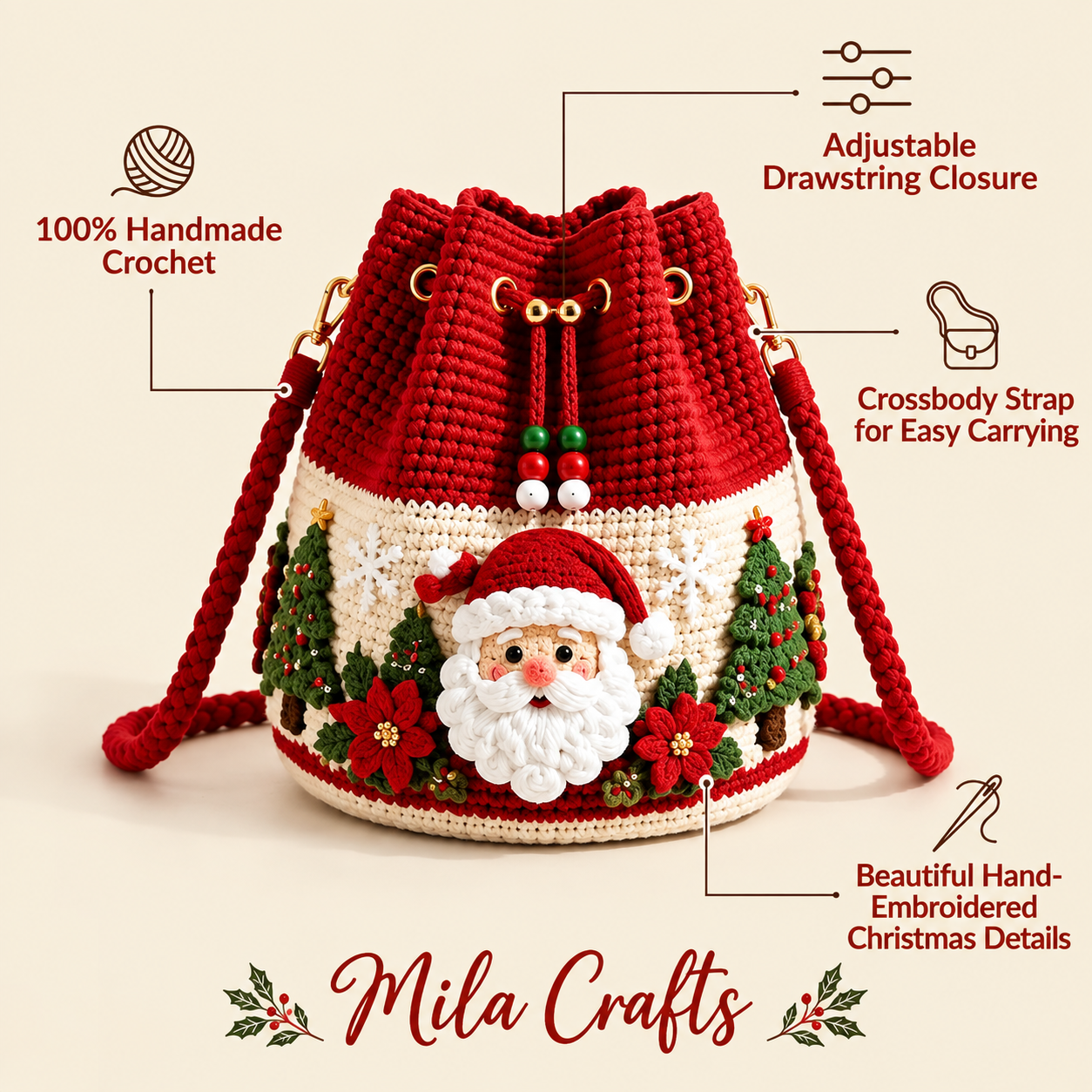 Handmade Christmas Poinsettia Flower Crochet Bag - Telaion